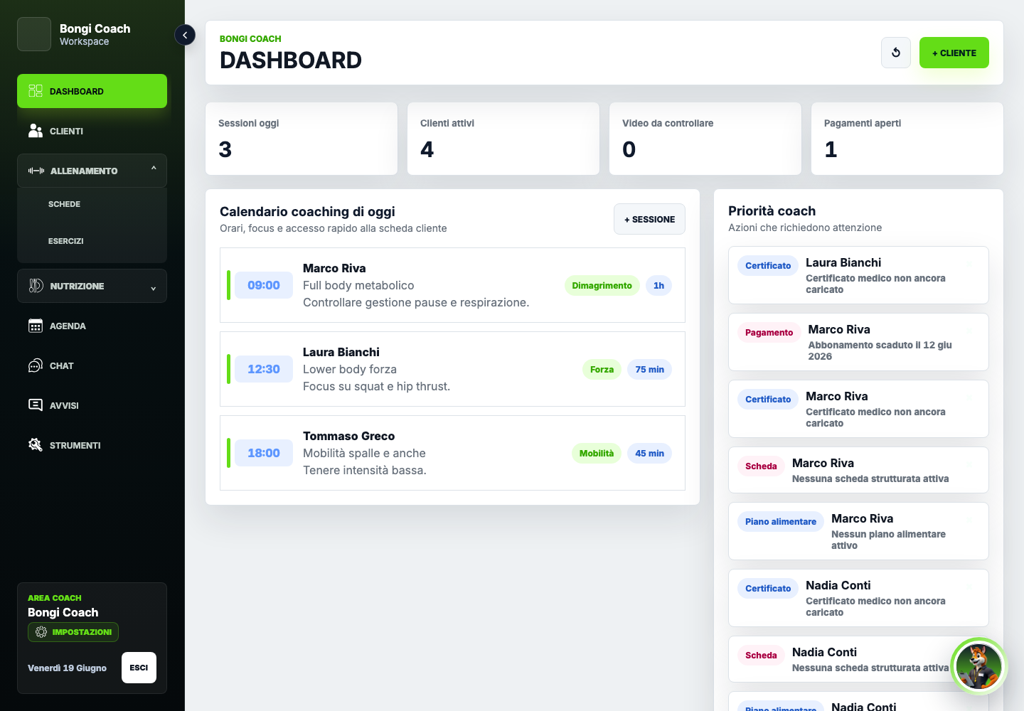 Dashboard reale Bongi Coach con priorita coach e calendario