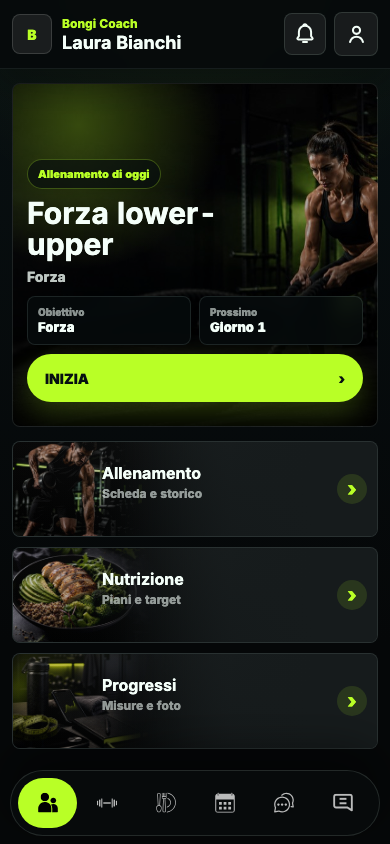 Vista mobile reale dell'app cliente Bongi Coach
