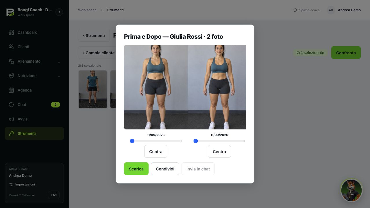 Editor Prima e Dopo di Bongi Coach, con foto dimostrative affiancate