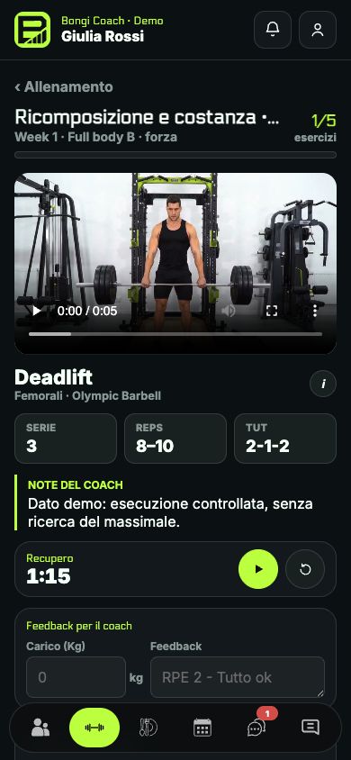 Il player cliente Bongi Coach con esercizio, indicazioni e recuperi