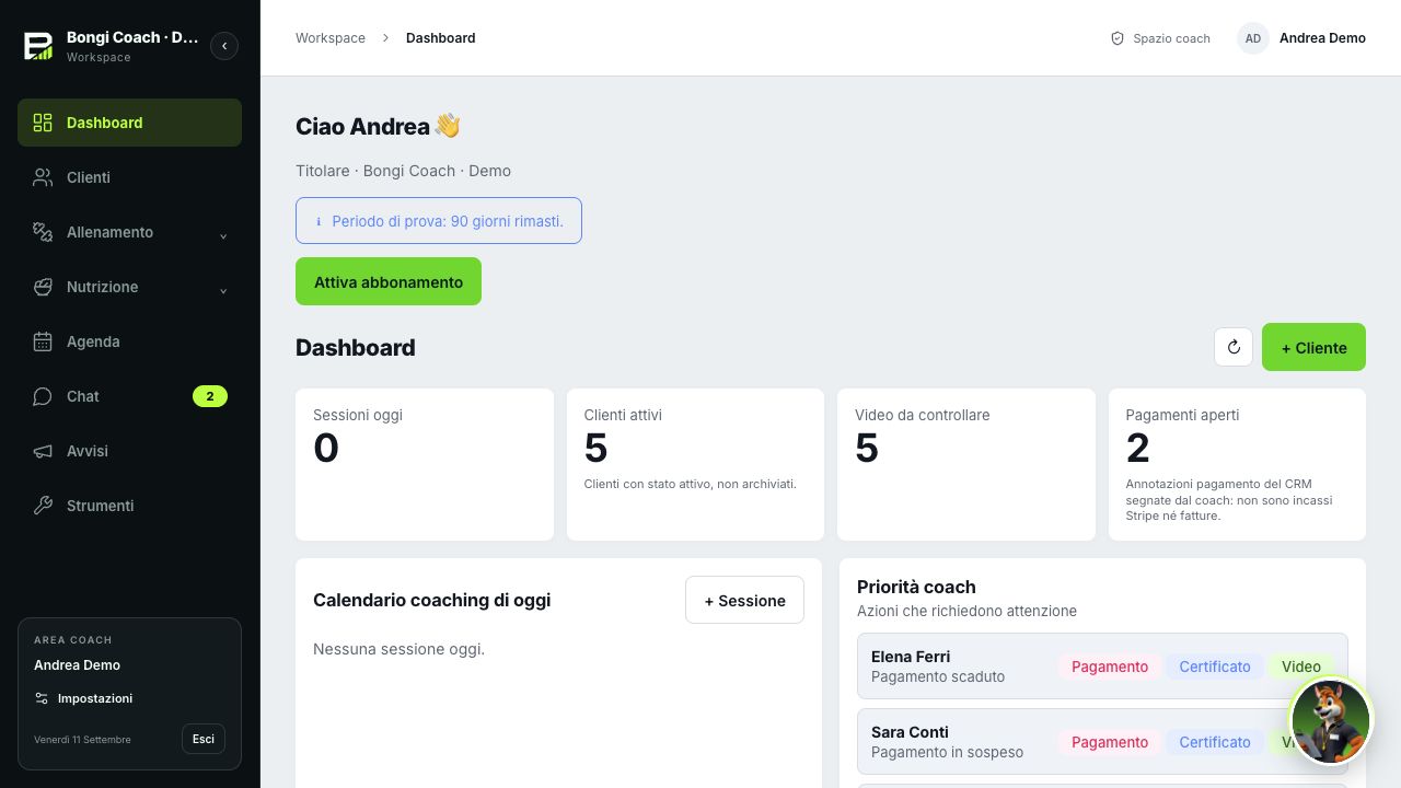 Dashboard di Bongi Coach con clienti, attività, appuntamenti e priorità del coach