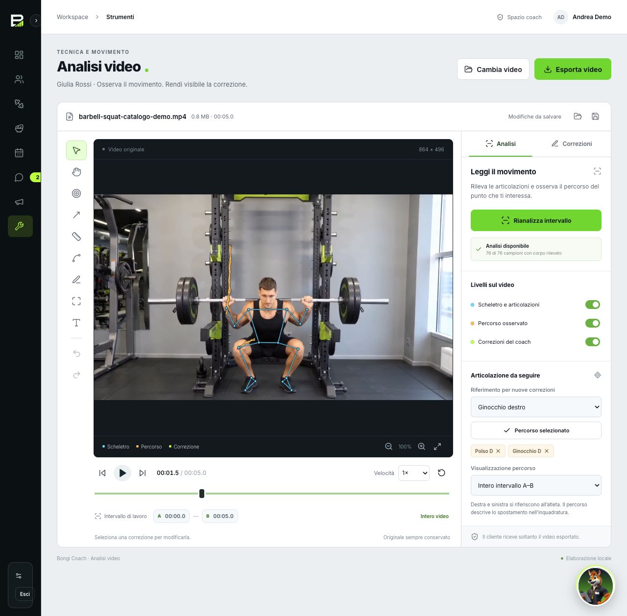Analisi video con articolazioni rilevate durante uno squat dimostrativo